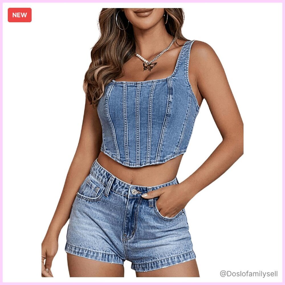 Square Neck Corset Denim Top Asymmetrical Hem Zip Back Y2K Chic Crop Tank